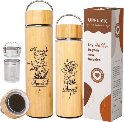Bamboo Water Bottle Insulated Tea Tumbler for Men Birthday Gift, Women Travel Tea Set with Diffuser for Loose Tea Leaves, Stainless Steel Leak Proof Gift for Mom (15 oz)