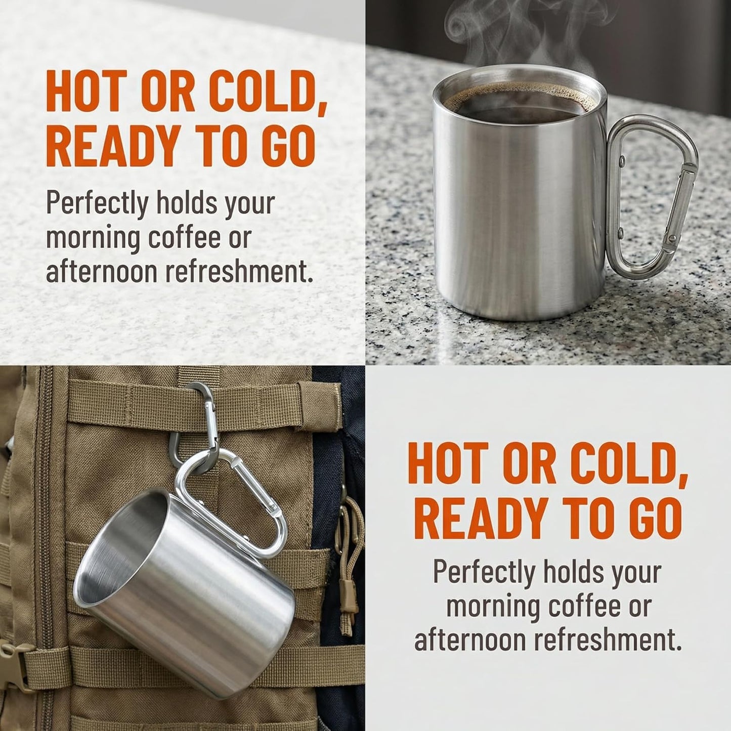 Tebery 2 Pack Stainless Steel Coffee Mugs with Handles 10OZ Double Walled Travel Water Tea Coffee Cups for Backpacking, Camping & Hiking