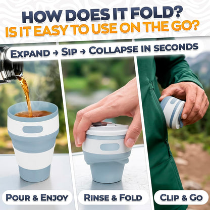 2-Pack Collapsible Cups for Traveling Reusable – 11oz Leakproof Coffee Travel Mug, Silicone, Foldable and Portable for Hiking, Camping, Office | Lightweight and Collapsible Coffee Cups for Outdoor Use