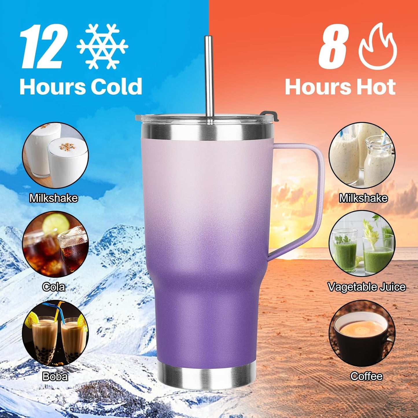20 oz Tumbler with Handle, Stainless Steel Insulated Tumbler with Lid and Straw, Double Wall Vacuum Coffee Mug Tumbler, Insulated Coffee Thermal Cup for Cold and Hot (Light Purple)