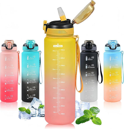 Water Bottle with Straw 1L,Boys Water Bottles with Straw 1 Litre,Waterbottle Leak-Proof Sports Water Bottle,Plastic Drinks Bottles Toxin Free，Bpa-Free (Cyan Black)