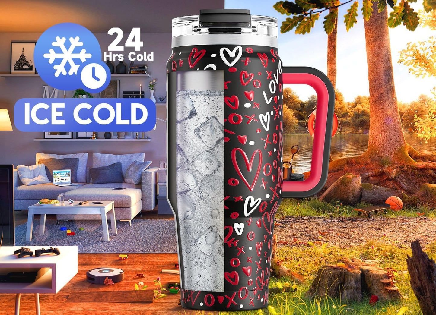 Meoky 32 oz Tumbler with Handle, Insulated Tumbler with Lid and Straw, Stainless Steel Travel Mug, Keeps Cold for 24 Hours, 100% Leak Proof, Fits in Car Cup Holder (Night)