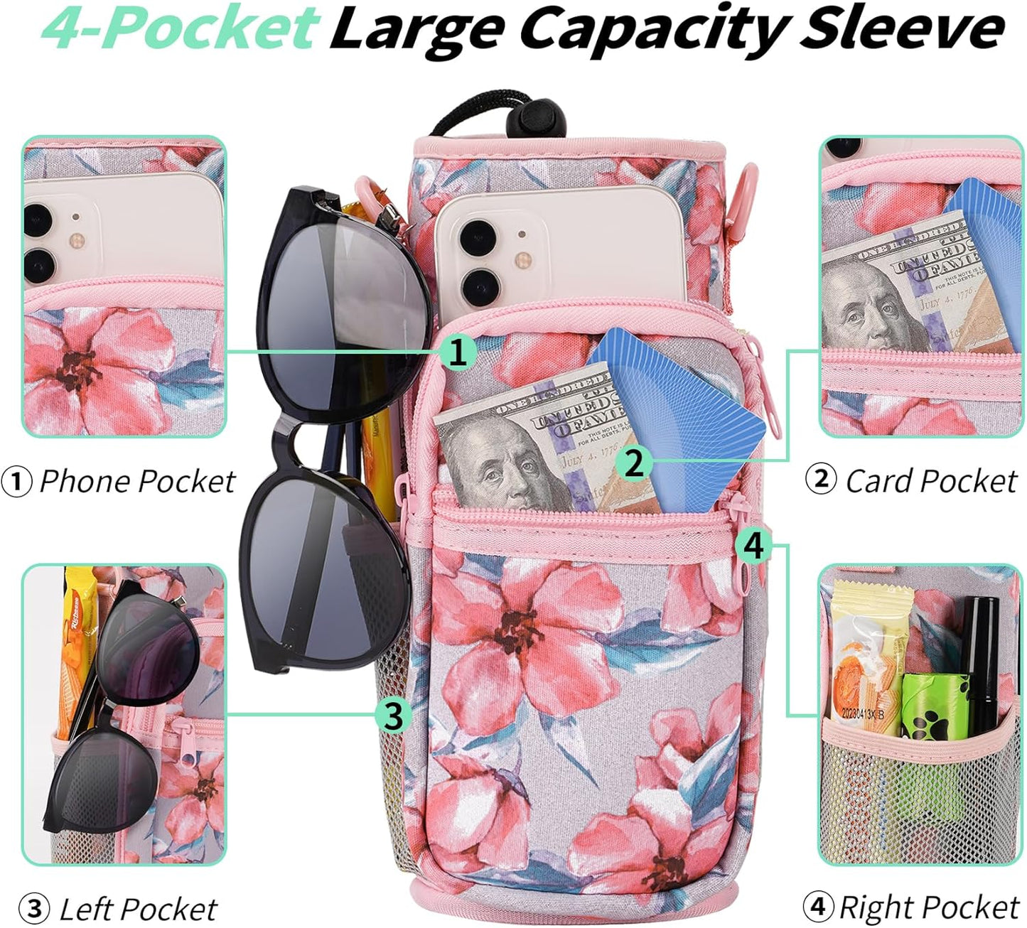 AceTreker 32/40/64/87/128 oz Water Bottle Carrier Bag, Neoprene Water Bottle Sleeve with 4 Pocket, Sport Water Holder with Paracord Handle and Shoulder Strap for Walking Hiking Camping Gym