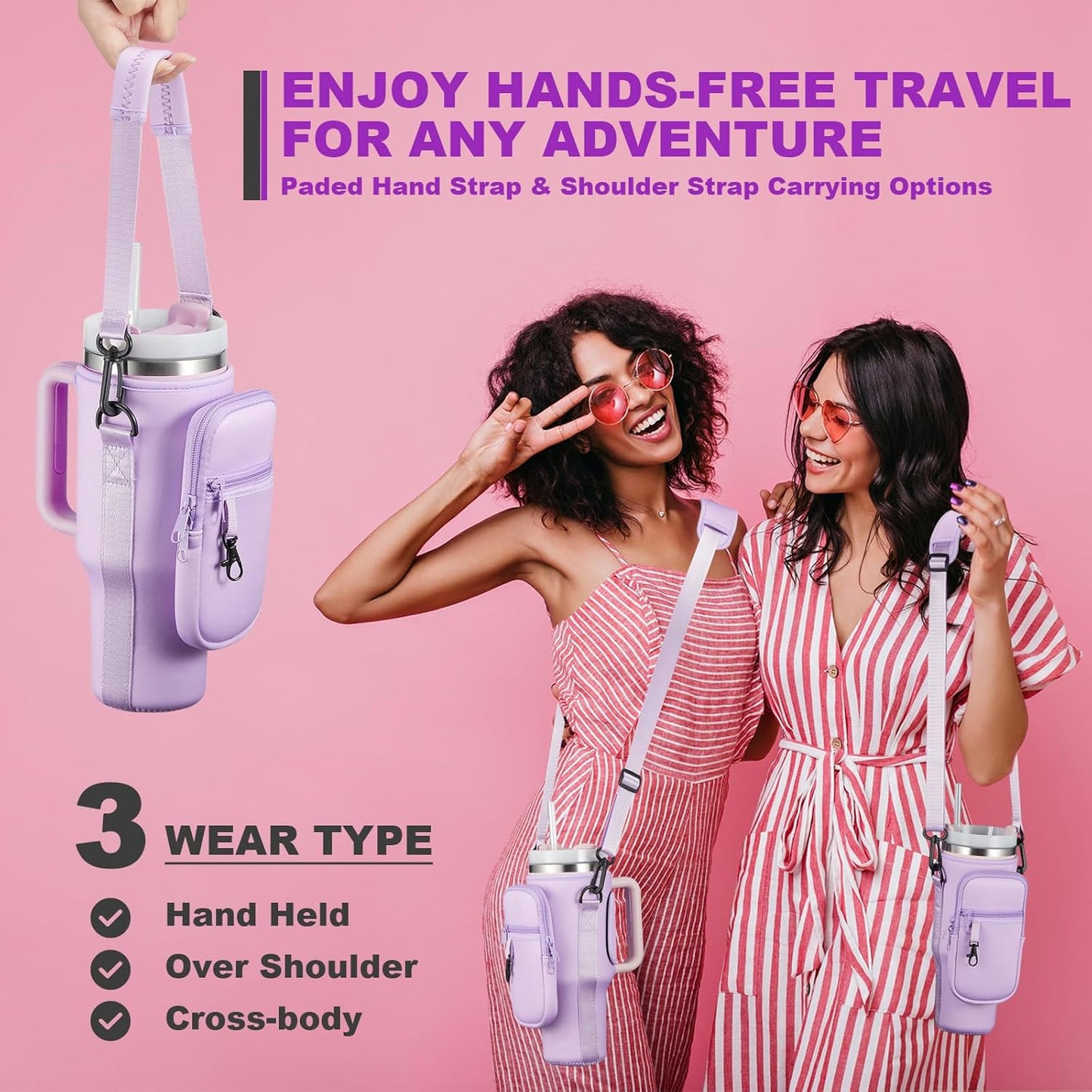 BULKITEM Water Bottle Carrier Bag with Phone Pocket for Stanley 40 & 30 oz Tumbler with Handle,Pink Insulated Neoprene Cup Holder Pouch w/Adjustable Strap for Quencher H2.0 Stanley Cup Accessories