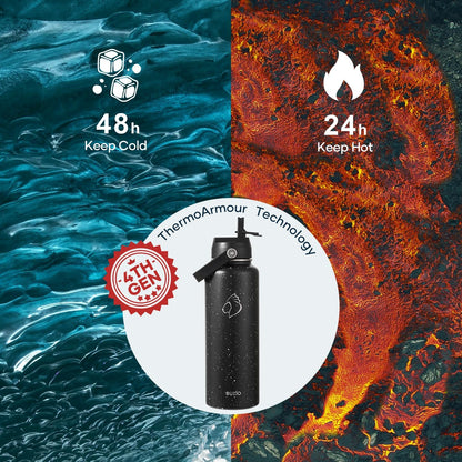 BUZIO 40oz Insulated Water Bottle, Triple Wall Vacuum Stainless Steel Water Flask with 2 lids, Lead-Free BPA-Free Straw Lid Sports Canteen Jug, Cold 48H & Hot 24H- Black - Colors A