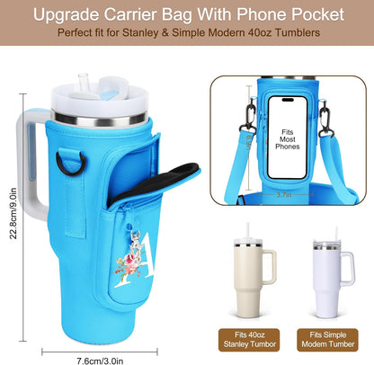 Initial Water Bottle Holder with Strap for Stanley Cup Accessories 40 oz/Simple Modern Tumbler, Birthdays for Women Girls, Water Bottle Carrier Bag with Phone Pocket,Hiking Walking Gym Camping