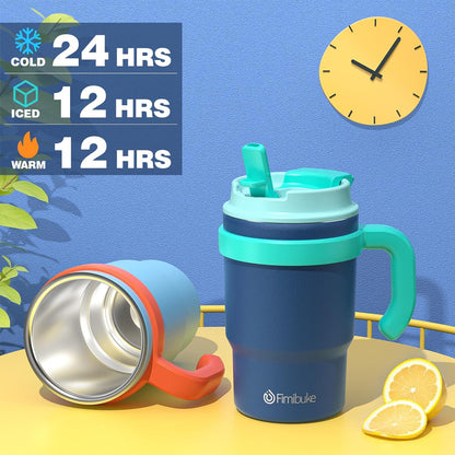Fimibuke 16oz Kids Insulated Tumbler with Handle & Straws - 2 Pack BPA FREE 18/8 Stainless Steel Toddler Cups with Sip/Swig 2-in-1 Lids, Leak Proof Kid Drinking Cup Travel Mugs for Children Boys Girls