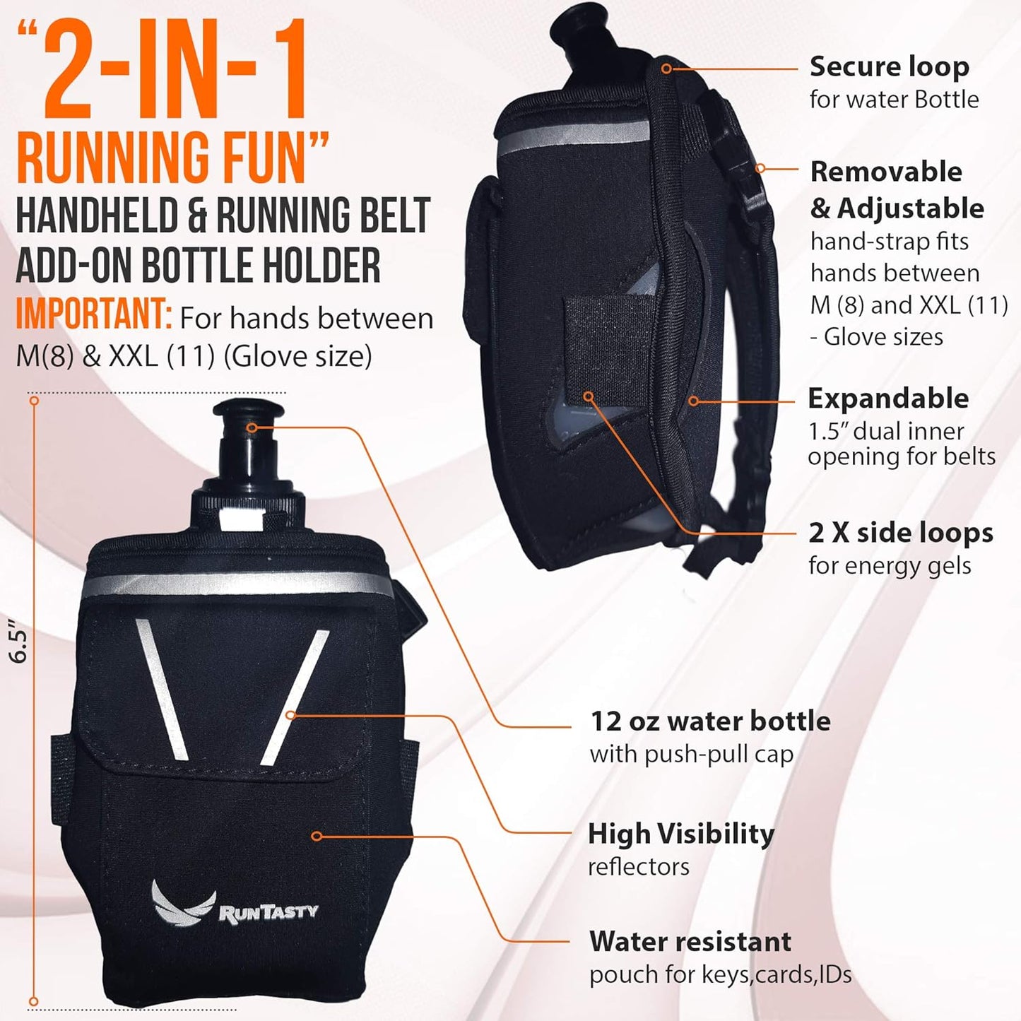 2-in-1 Running Fun: Handheld 12 Oz Water Bottle & Running Belt Add-On. No-Grip Design Straps on Hand & Slides on Belt. Waterproof Pocket for Money, Keys. Maximize Time, Freedom & Health