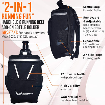 2-in-1 Running Fun: Handheld 12 Oz Water Bottle & Running Belt Add-On. No-Grip Design Straps on Hand & Slides on Belt. Waterproof Pocket for Money, Keys. Maximize Time, Freedom & Health