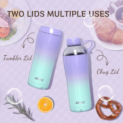 Allcho Insulated Water Bottle for Women, 18oz Stainless Steel Leak Proof Tumbler with 2 Lids, BPA-Free Tritan Chug & Straw Lid, Double Wall Vacuum Flask