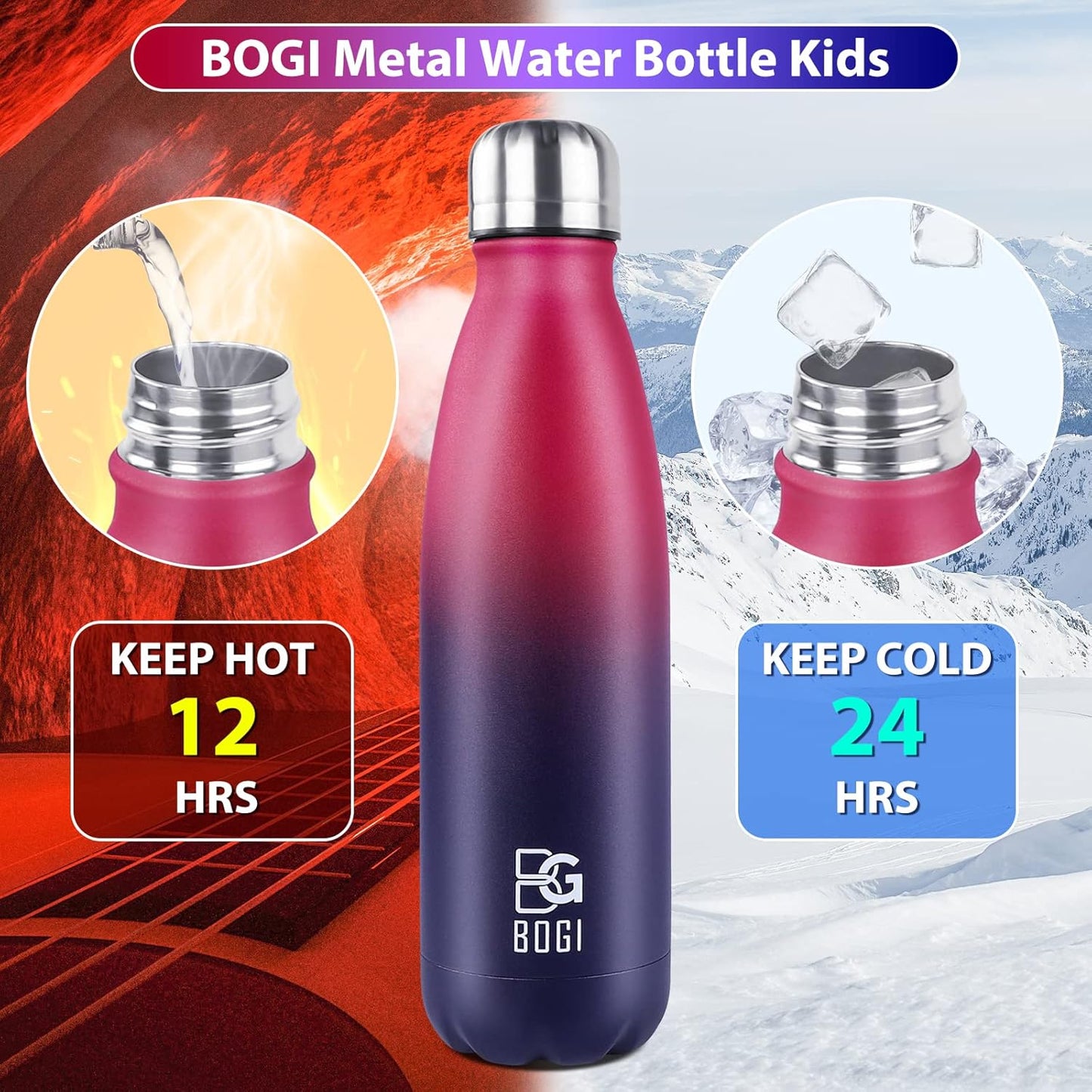 BOGI 17oz Insulated Water Bottle Double Wall Vacuum Stainless Steel Water Bottles, Leak Proof Metal Sports Water Bottle Keeps Drink Hot and Cold - Perfect for Outdoor Sports Camping Biking (Purple)