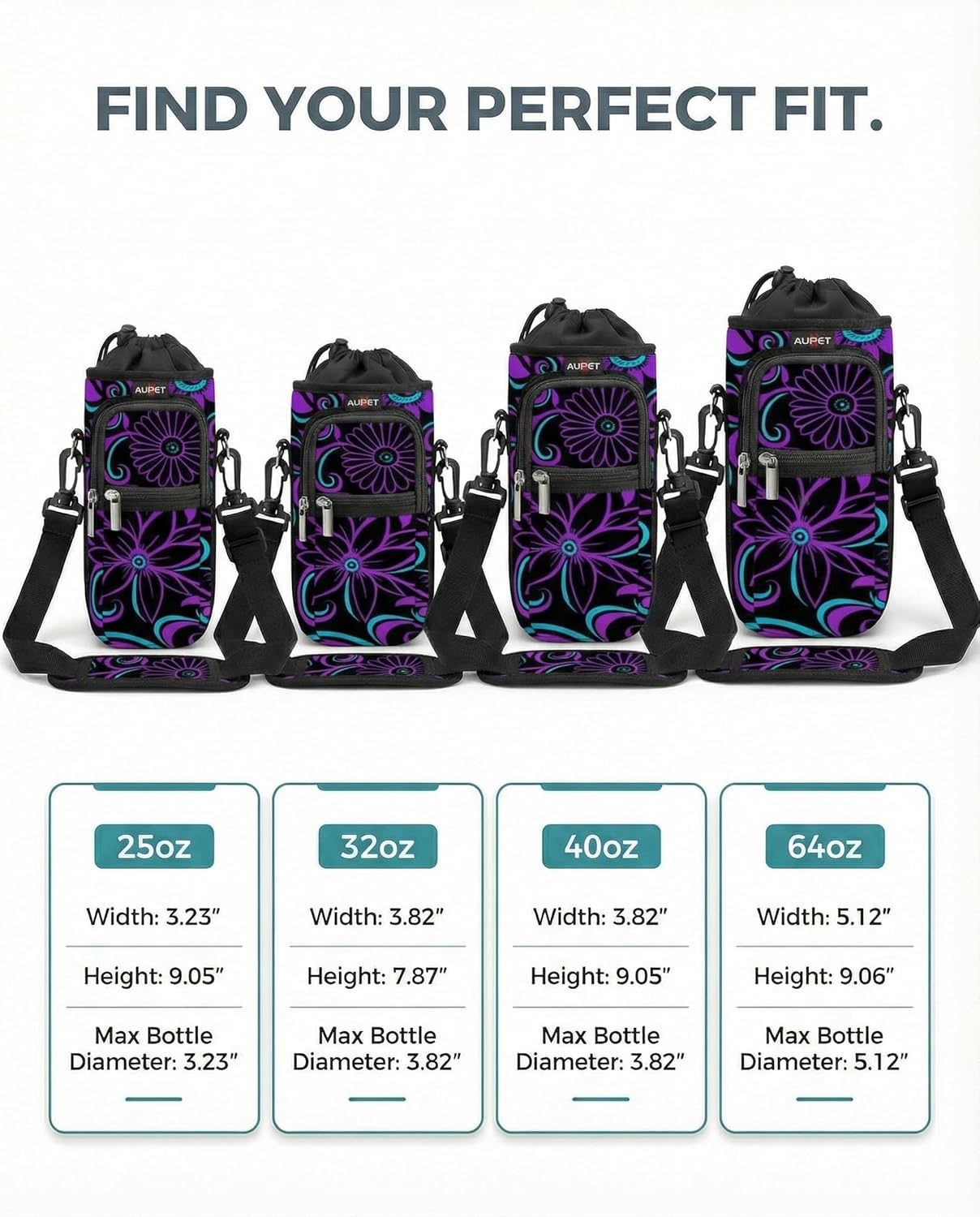 AUPET Water Bottle Sling Bag Sleeve Holder Carrier 25/32/40/64 oz,Insulated Crossbody Water Bottle Case Cover with Strap and Pockets for Men/Women Walking Hiking