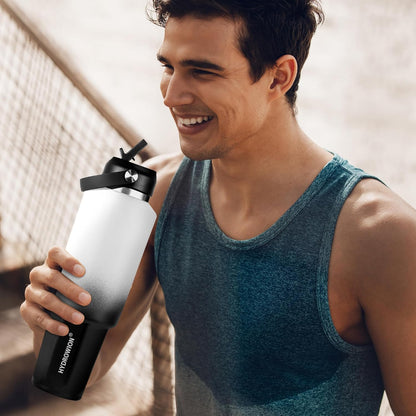 HYDROWION 32oz Stainless Steel Water Bottle(Cold for 48 Hrs, Hot for 24 Hrs),Double Wall Vacuum Insulated Water Bottle with Straw Lid, Spout Lid and Flex Cap, Fit in Any Car Cup Holder,Black