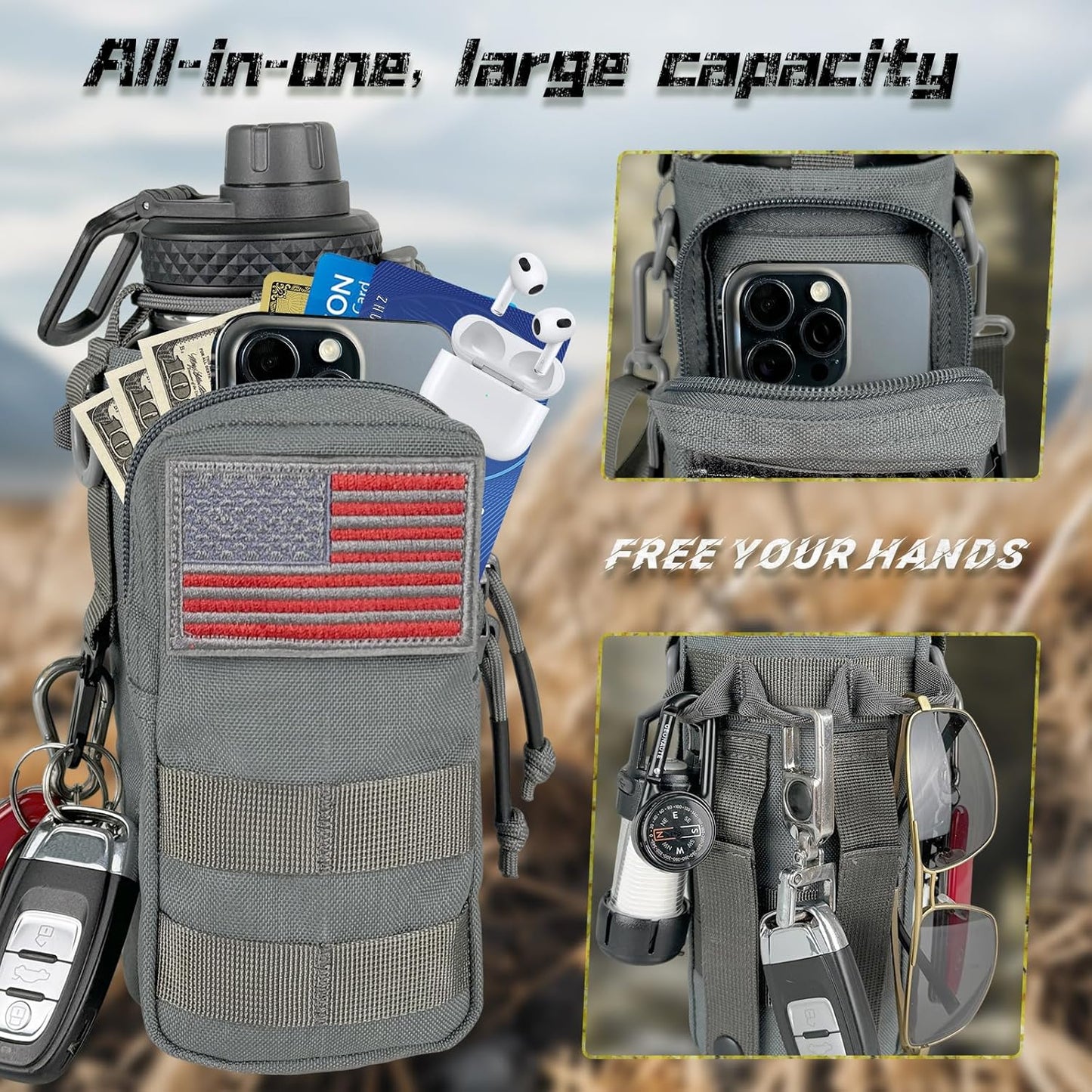 32 oz Insulated Water Bottle with Sleeve - Tactical Stainless Steel Gym Water Bottles for Men, Sports Water Bottle for Hiking Camping Outdoor with Camo Pouch