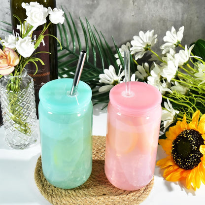 16oz Plastic Mason Jars, 6Pack Clear Mason Drinking Acrylic Cups with Lids and Stainless Steel Straws Iced Coffee Cups Shatterproof Unbreakable Tumblers for Smoothies, Beer, Coffee, Milk Tea, Colored