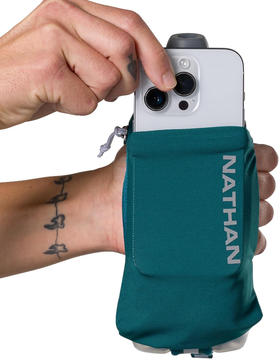 Nathan SpeedDraw 2 Insulated Handheld Running Water Bottle Flask 18oz – Double-Wall Insulation, Ergonomic Grip, Blast Valve Cap, Phone & Key Storage Pockets, Reflective Design