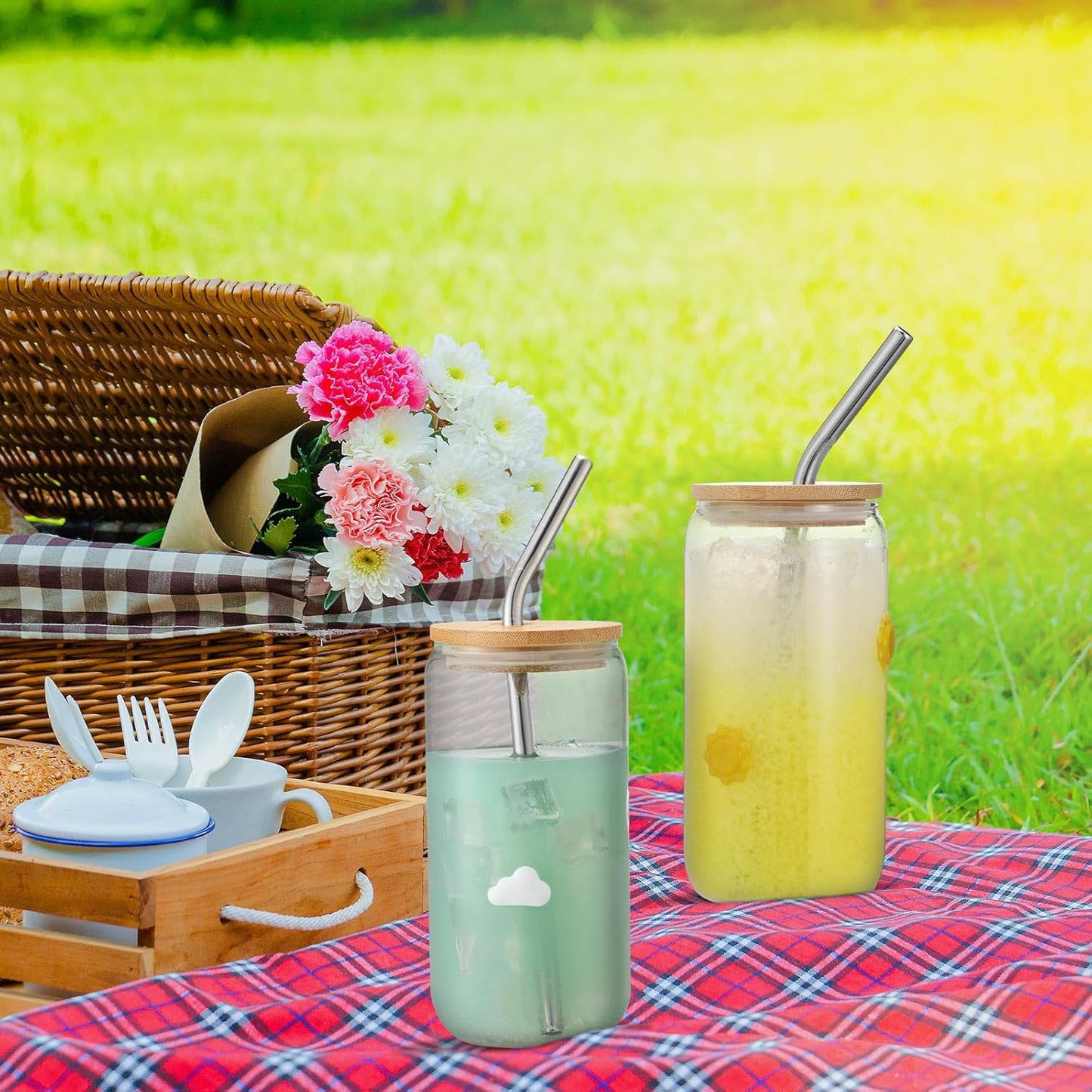 Honeydak 2 Pcs Icon Juice Glass Tumbler with Lid & Straw - 18 oz Cloud and Sun Icon Can Shape Glass Cups Coffee Juice Beer Soda Drinking Cup for Summer Halloween Christmas Party Supplies Gift