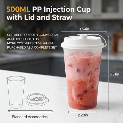 100 Sets Bulk Frosted Disposable Hard Plastic Cups With Straws Lids,90mm Disposable Bubble Boba Milk Tea ToGo Cups Cold Hot Plastic coffee Boba Tea Business TakeAway Supplies (16, ounces)