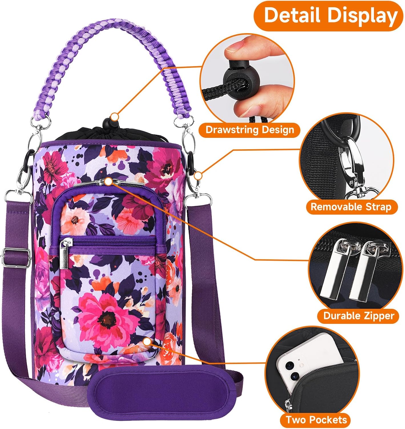 AceTreker 32/40/64/128 oz Neoprene Insulated Water Bottle Carrier Bag, Sling Bag Sleeve Pouch Holder with Strap & Paracord Handle and 2 Pocket for Travelling, Hiking, Camping