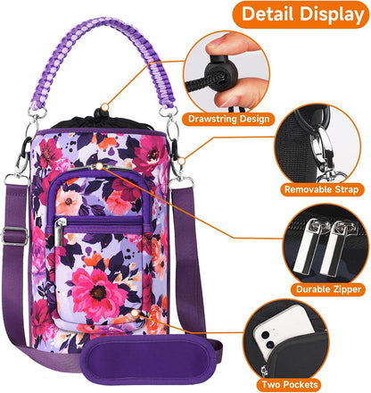 AceTreker 32/40/64/128 oz Neoprene Insulated Water Bottle Carrier Bag, Sling Bag Sleeve Pouch Holder with Strap & Paracord Handle and 2 Pocket for Travelling, Hiking, Camping
