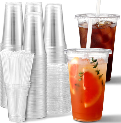 AOZITA [100 Sets] 16 oz Clear Plastic Cups With Lids and Straws, Disposable Cups With Lids for Iced Coffee, Smoothie, Milkshake and Cold Drinks (New-16-100)