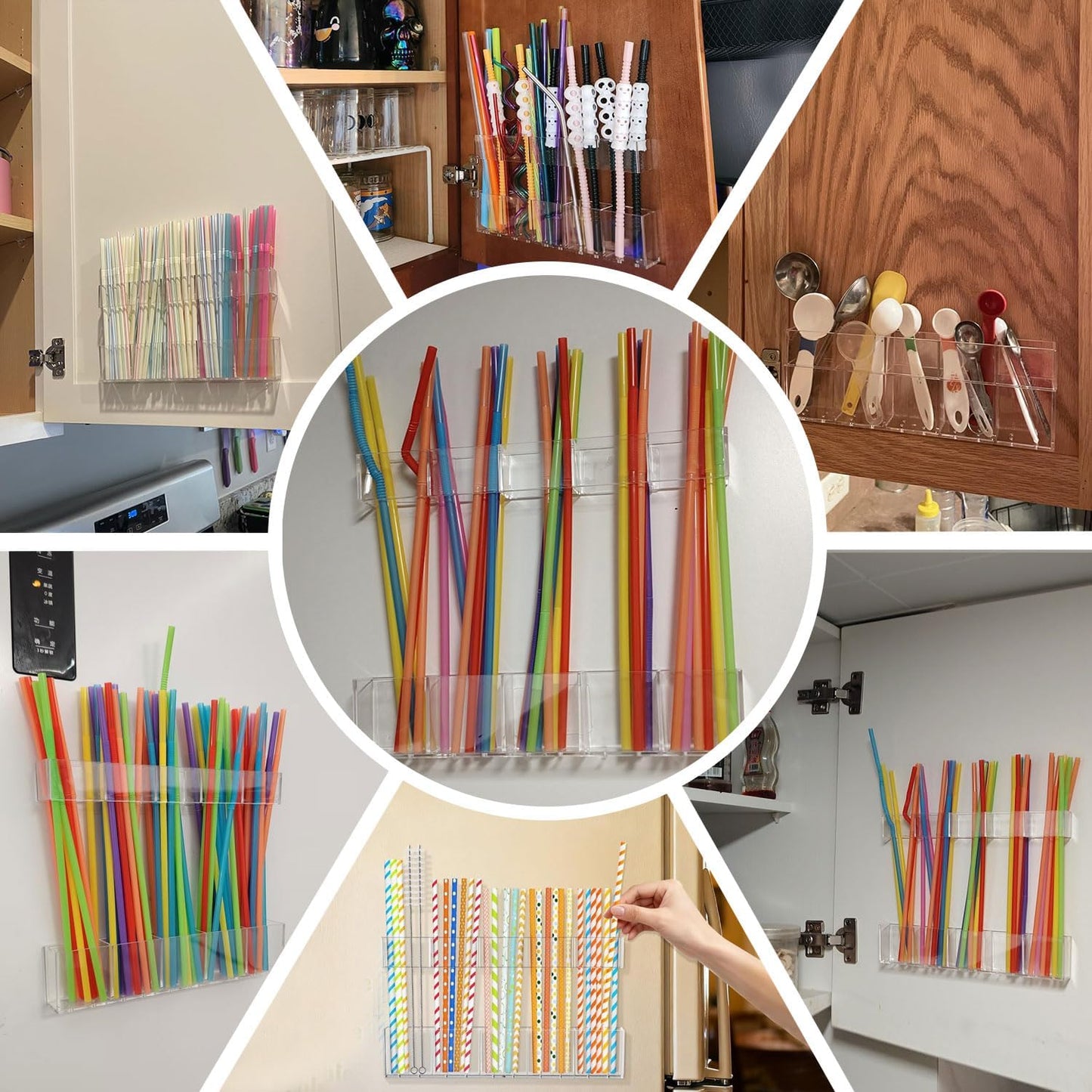 9.5' Cabinet Door Straw Rack, Super Sticky Squares, Adjustable Reusable Straw Dispenser, Kitchen Storage Accessory for Cabinets, Counters, and RVs