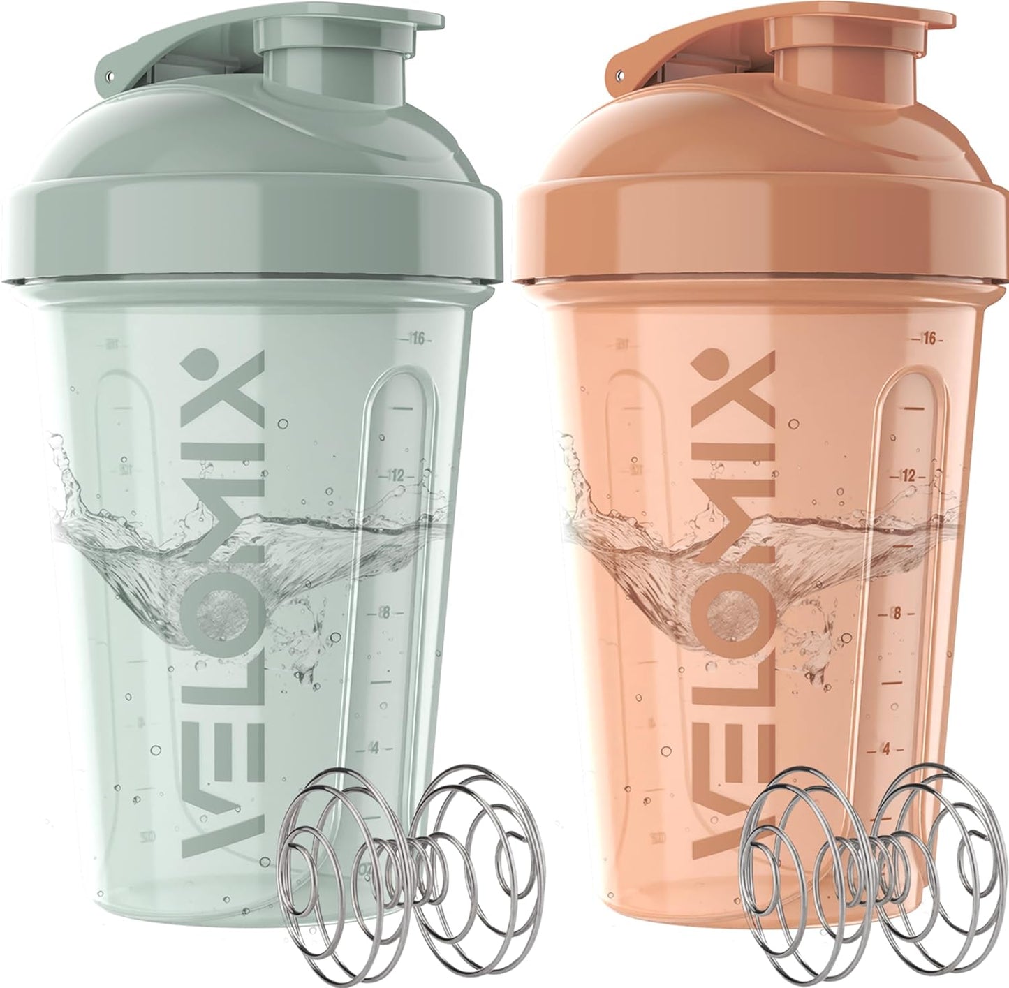 VELOMIX -2 Pack- 20 oz Protein Shaker Bottles for Protein Mixes - 2x Wire Whisk | Leak Proof Shaker Cups for Protein Shakes and Pre Workout | Protein Shaker Bottle Pack (Black/Transparent)