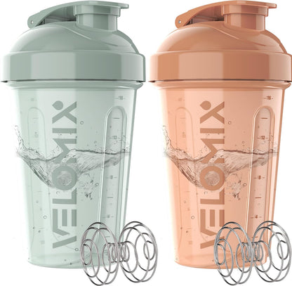 VELOMIX -2 Pack- 20 oz Protein Shaker Bottles for Protein Mixes - 2x Wire Whisk | Leak Proof Shaker Cups for Protein Shakes and Pre Workout | Protein Shaker Bottle Pack (Black/Transparent)