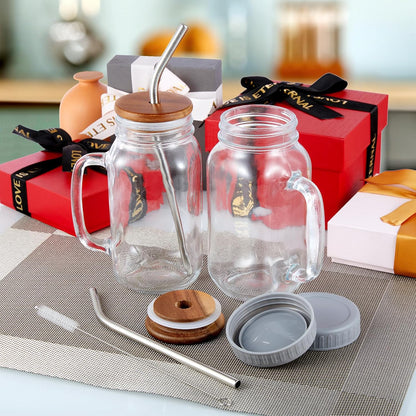 DRASTAR Iced Coffee Cup, 16 oz Mason Jar Cups with Handle, Small Glass Coffee Mugs with Straws and Acacia Lids, Drinking Glass Cups Set of 2, Smoothie, Overnight Oats Containers