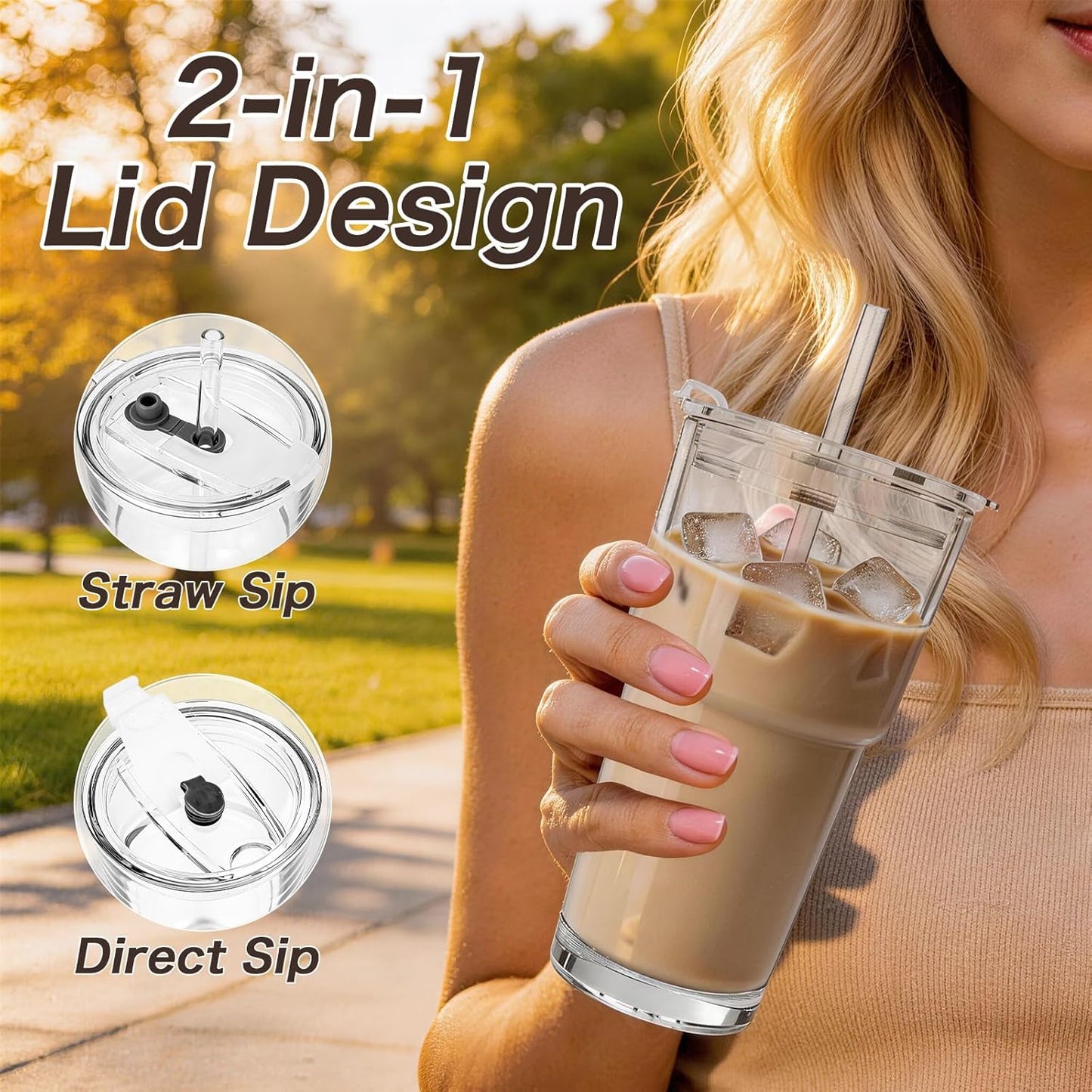 Clear Iced Coffee Cups with Lids - 4 Pack, 20oz Reusable Glass Cups with Lids and Straws, Drinking Tumblers for Cocktail Beer, Juice, Smoothie, Coffee Bar, Housewarming Gifts - Dishwasher Safe