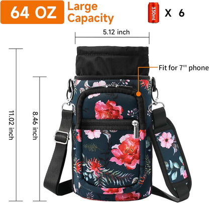 AceTreker 32/40/64/128 oz Neoprene Insulated Water Bottle Carrier Bag, Sling Bag Sleeve Pouch Holder with Strap & Paracord Handle and 2 Pocket for Travelling, Hiking, Camping