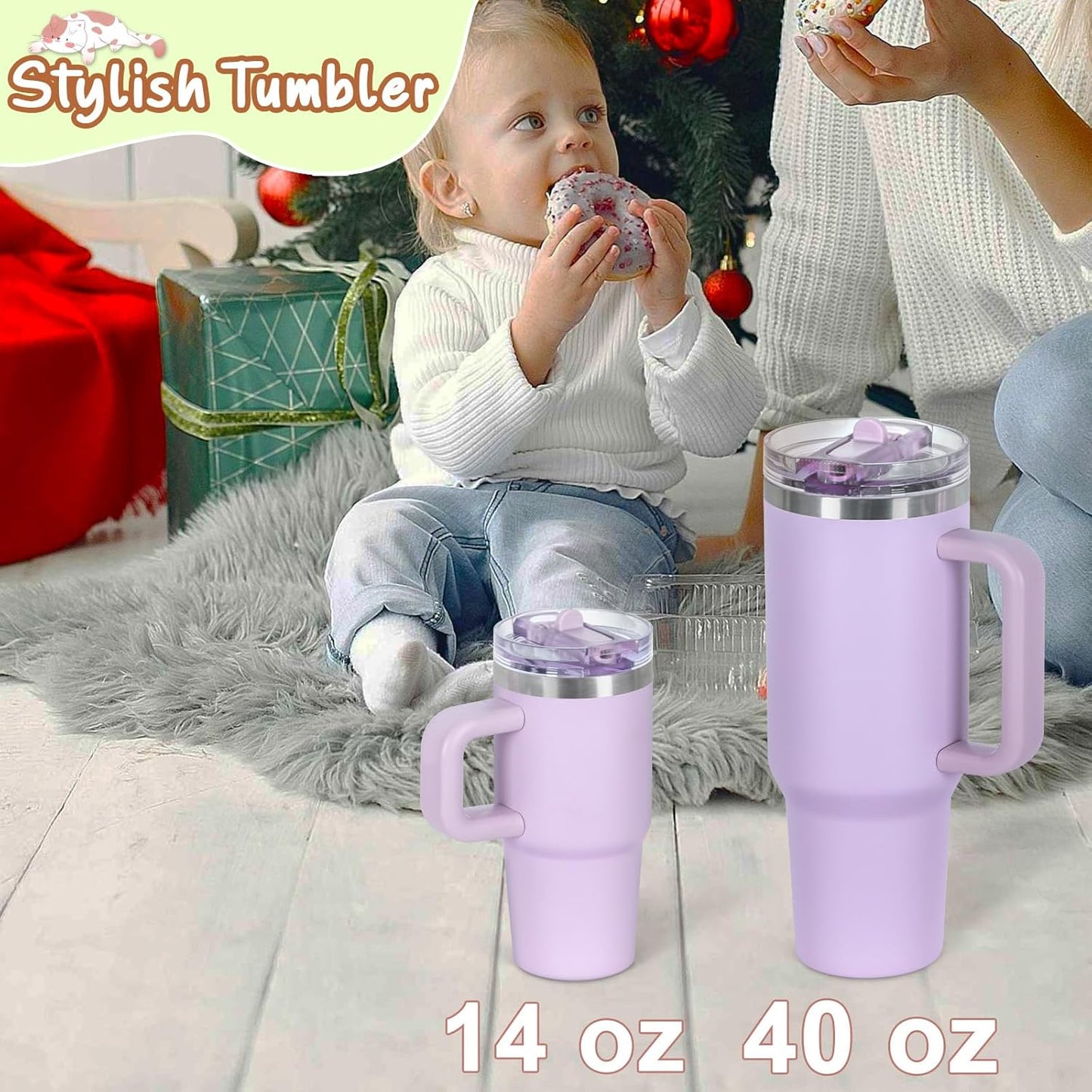 Cosictic 14 Oz Flip Straw Tumbler with Handle for Kids, Stainless Steel Double Wall Insulated Cup for Children with Flip Top Lid, 14 Oz Leak-proof Cups for Kids, Sky Blue and Purple