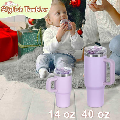 Cosictic 14 Oz Flip Straw Tumbler with Handle for Kids, Stainless Steel Double Wall Insulated Cup for Children with Flip Top Lid, 14 Oz Leak-proof Cups for Kids, Sky Blue and Purple