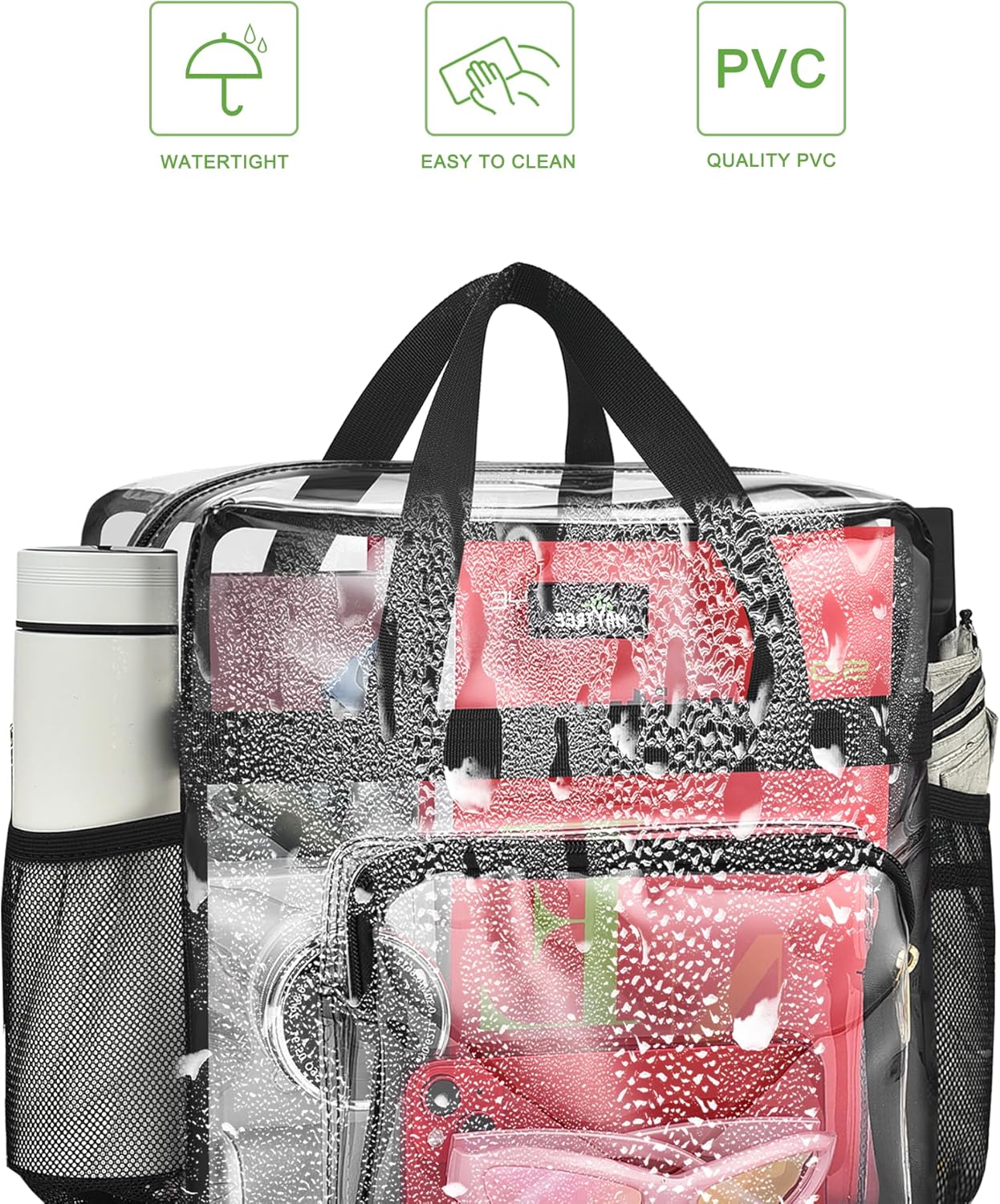 MAY TREE Clear Bag for Stadium Events, 12×5.5×12 Clear Tote Lunch Bag with Non-detachable Reinforced Straps for Work, Sporting Events and Gym, Black