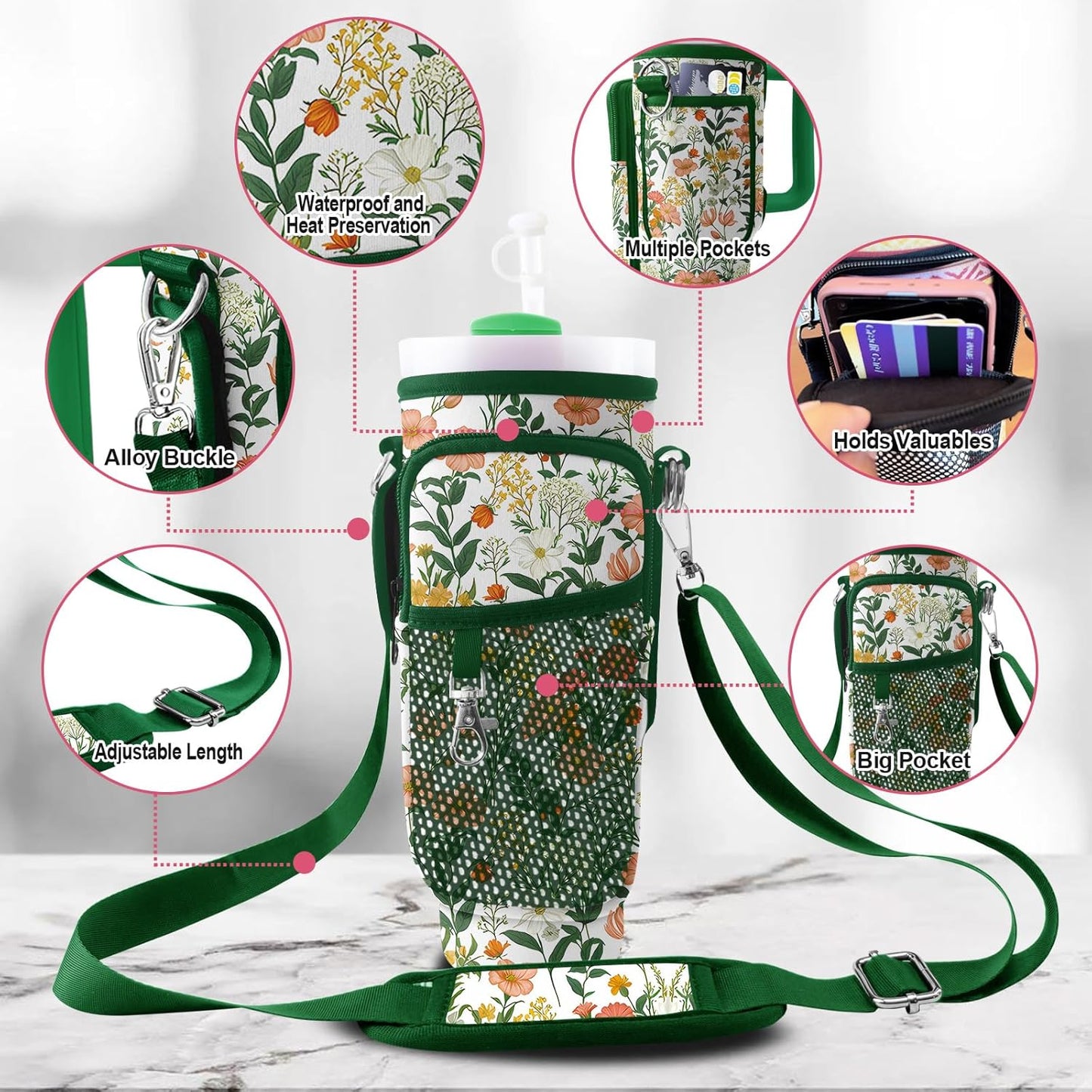 Stanley Carrier Bag for Stanley 40oz/30ozTumbler with Phone with 2 Adjustable Strap,3 Pockets Bottle Stanley Cup Carrier Bag & Case,Accessories for Hiking Travelling