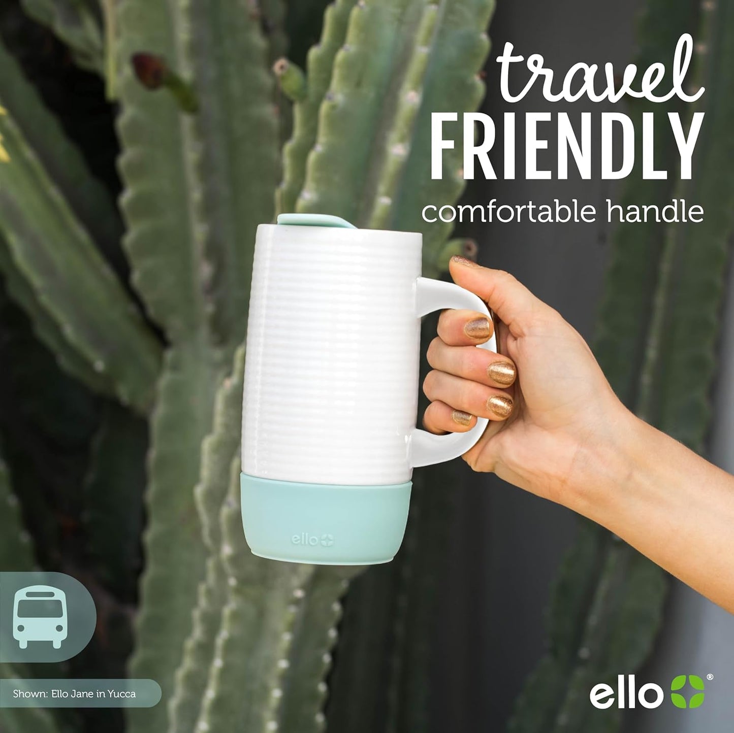 Ello Jane 18oz Ceramic Travel Mug with Handle, Splash-Resistant Slider Lid and Built-in Coaster, Perfect for Coffee and Tea, BPA Free, Dishwasher Safe, Gift for Him Her Mother's Day Birthday, Sandbar
