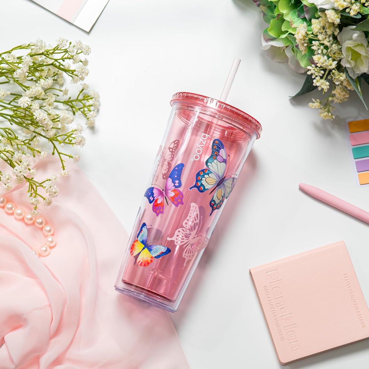 bzyoo SIP 24oz (710ml) Double Wall Plastic Tumbler with Lid and Straw Cold Drink Travel Mug Reusable Party Cup Perfect for Office Ice Coffee or Tea and Gift Color: Pink & Purple