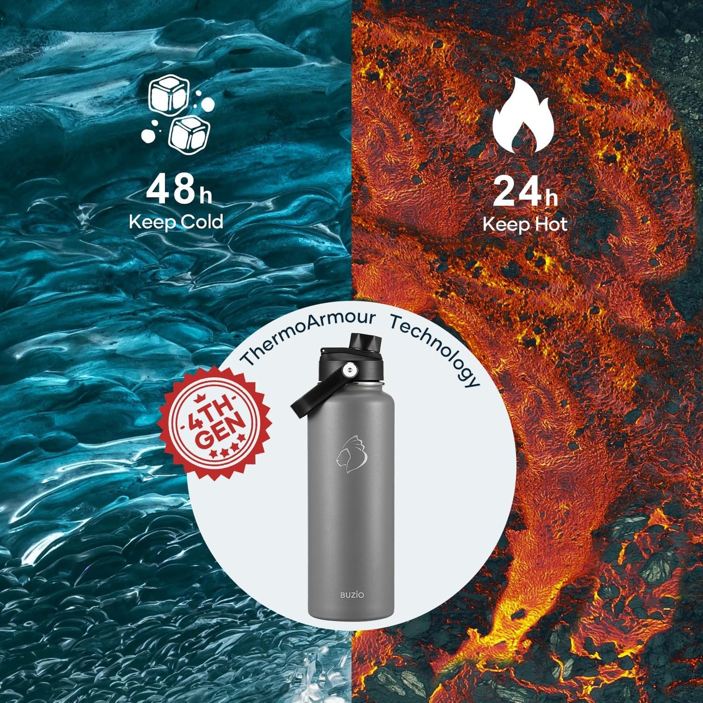 BUZIO 40oz Insulated Water Bottle, Triple Wall Vacuum Stainless Steel Water Flask with 2 lids, Lead-Free BPA-Free Straw Lid Sports Canteen Jug, Cold 48H & Hot 24H- Black - Colors A
