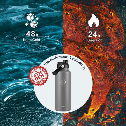 BUZIO 40oz Insulated Water Bottle, Triple Wall Vacuum Stainless Steel Water Flask with 2 lids, Lead-Free BPA-Free Straw Lid Sports Canteen Jug, Cold 48H & Hot 24H- Black - Colors A
