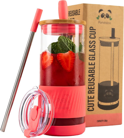 Pandaloo® Glass Cups With Lids and Straws -20 Fl Oz- Perfect Size Iced Coffee Cup - Smoothie Cup With Bamboo Lid and On the go Lid - Glass Tumbler With Straw (1 Count (Pack of 1), Lilac Rhapsody)
