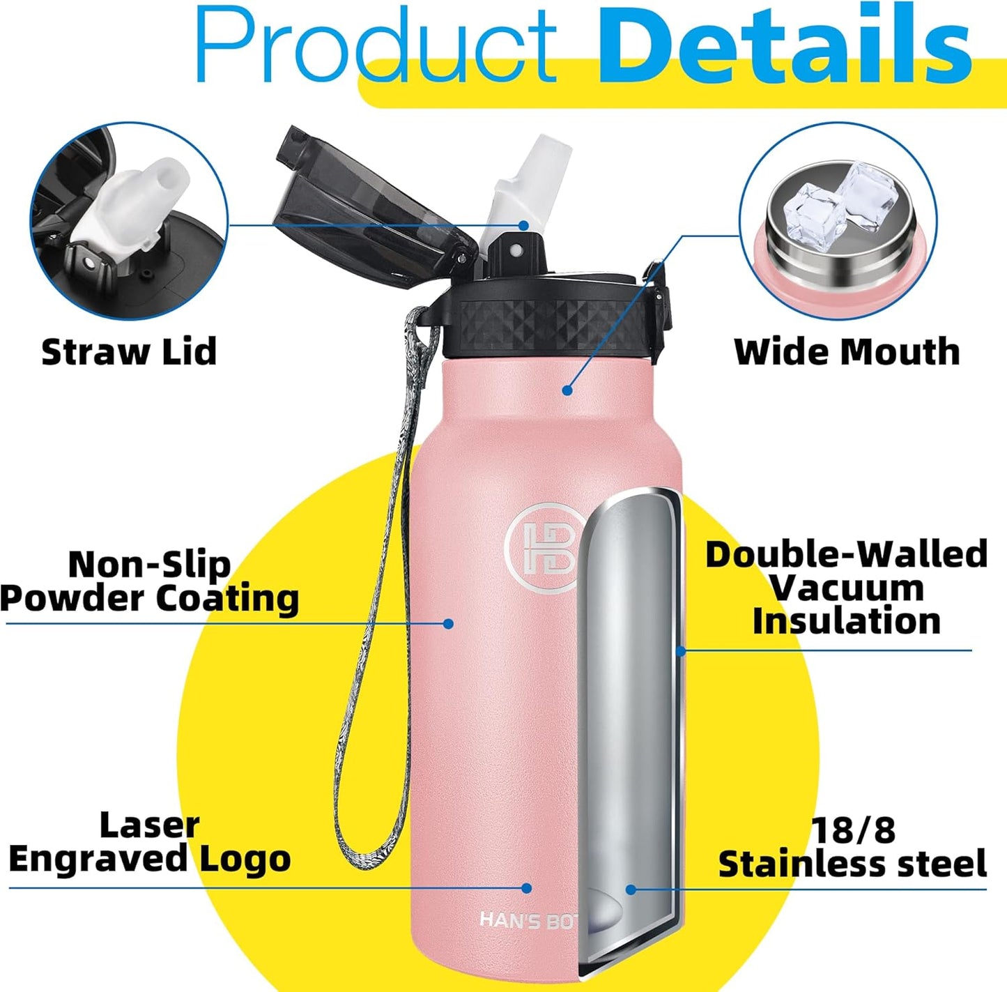 Han's Bottle Sports Water Bottle - 24 Oz, Straw Lid, Leak Proof, Vacuum Insulated Stainless Steel, Double Walled, Thermo Mug,Black