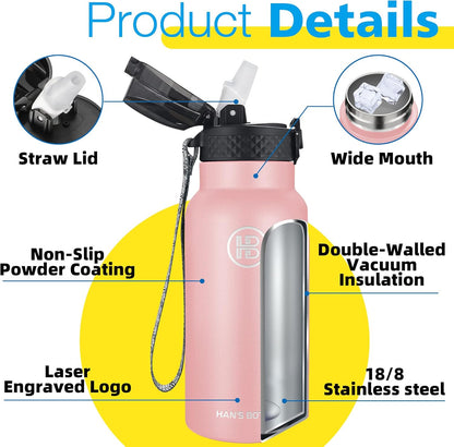 Han's Bottle Sports Water Bottle - 24 Oz, Straw Lid, Leak Proof, Vacuum Insulated Stainless Steel, Double Walled, Thermo Mug,Black
