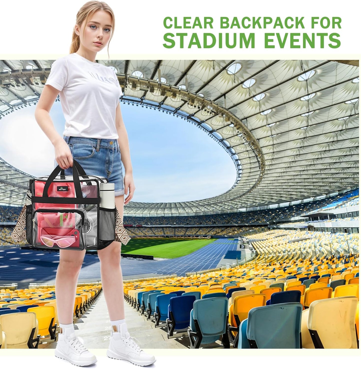 MAY TREE Clear Bag for Stadium Events, 12×5.5×12 Clear Tote Lunch Bag with Non-detachable Reinforced Straps for Work, Sporting Events and Gym, Black