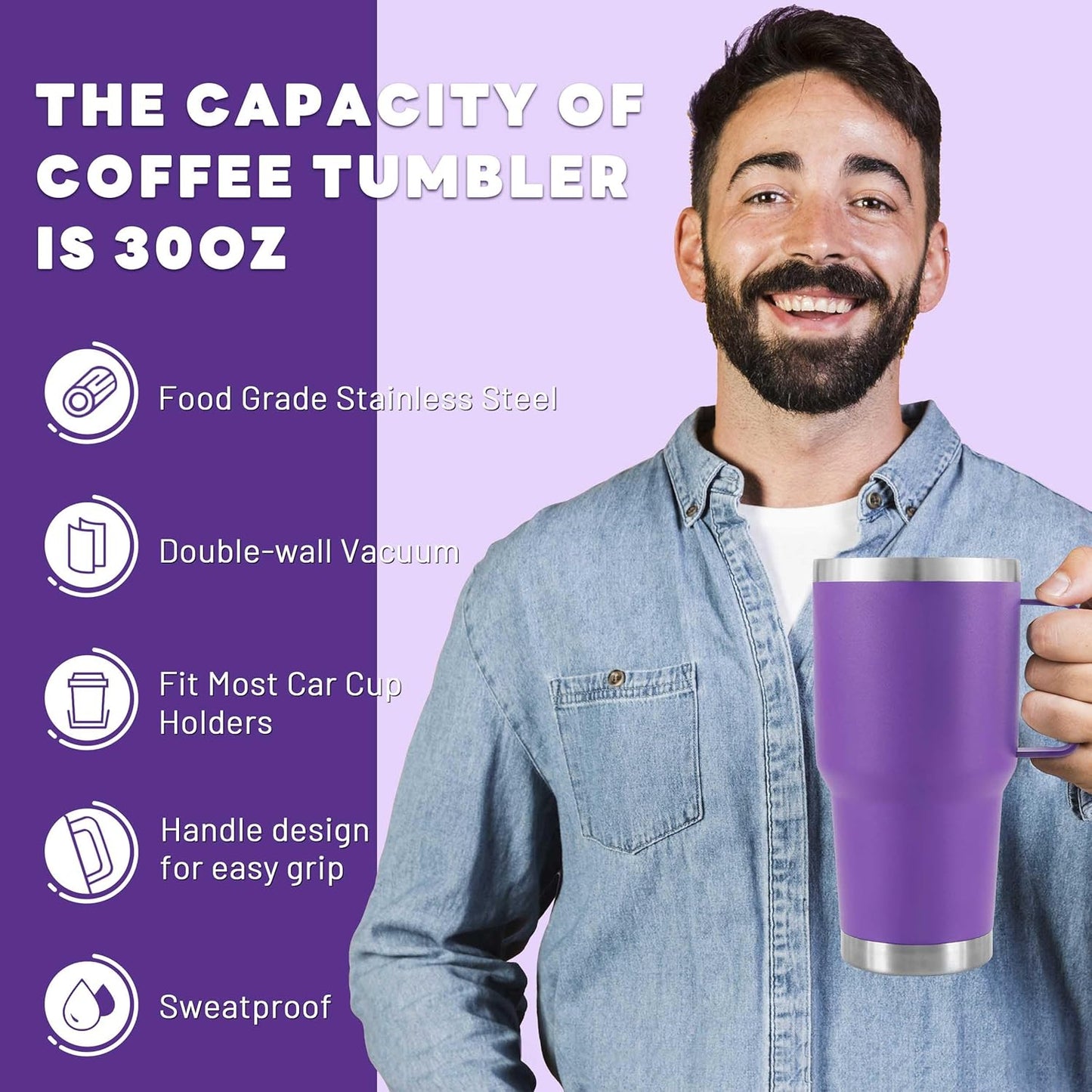 30 oz Tumbler With Handle, Double Wall Stainless Steel Vacuum Insulated Travel Mug with Splash-Proof Lid Metal Straw and Brush (Cream)