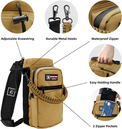 NATURE PIONEOR Water Bottle Holder with Adjustable Strap - 26/32/36/40/46/64oz Insulated Water Bottle Sling Carrier with Paracord Handle & 2 Pockets, Outdoor Sports, Hiking, Camping, Gym