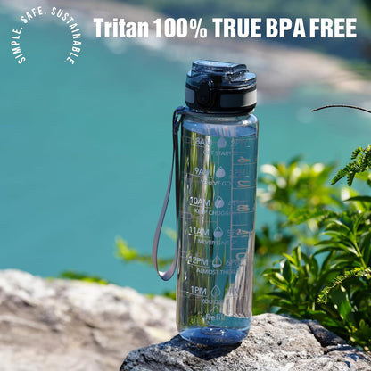 OLDLEY Water Bottle, 32oz Motivational Sports Water Bottle with Time Marker - Times to Drink - Tritan, BPA Free, Wide Mouth Leakproof, Clear (1 Bottle)