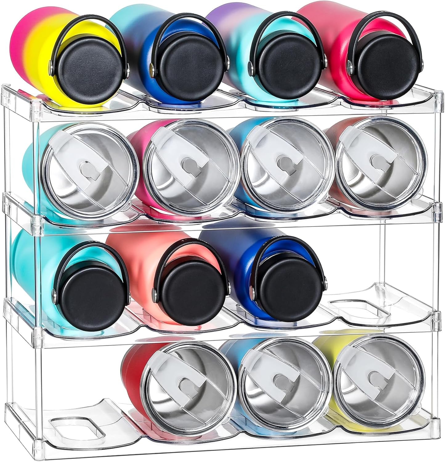 LARGER Compartment - 3 Tier Stackable Water Bottle Organizer Holder - for Stanley 40oz & Others' Large Tumbler - Clear Wine Rack, 12 Cup Bottle Holder for Cabinet Home Countertop Fridge Pantry Shelf