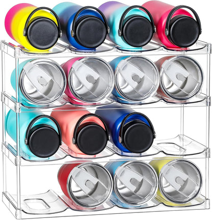 LARGER Compartment - 3 Tier Stackable Water Bottle Organizer Holder - for Stanley 40oz & Others' Large Tumbler - Clear Wine Rack, 12 Cup Bottle Holder for Cabinet Home Countertop Fridge Pantry Shelf
