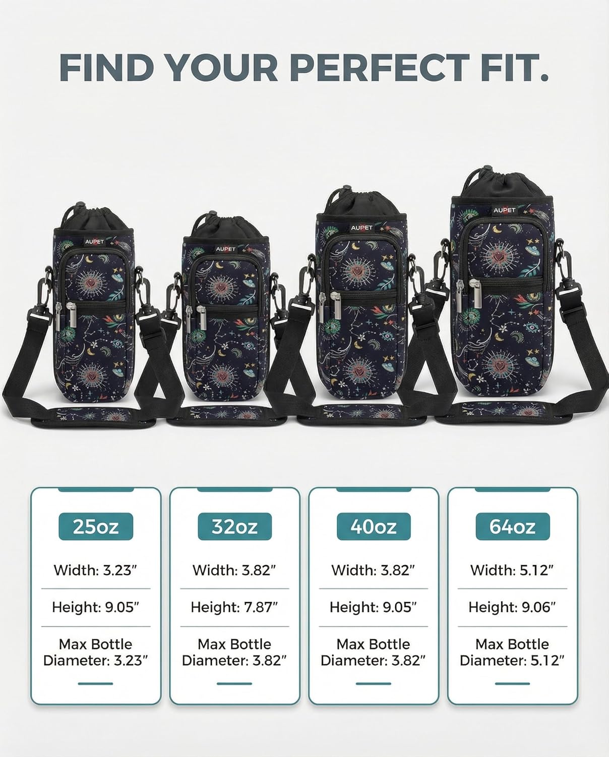 AUPET Water Bottle Sling Bag Sleeve Holder Carrier 25/32/40/64 oz,Insulated Crossbody Water Bottle Case Cover with Strap and Pockets for Men/Women Walking Hiking