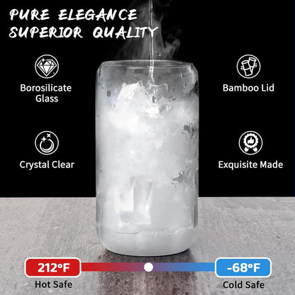 12 Pcs Glass Cups with Bamboo Lids and Straws - 16oz Glass Tumbler, Iced Coffee Cup, Can Shaped Drinking Glasses for Coffee, Tea, Smoothie, Juice, Cocktail Include 2 Cleaning Brushes